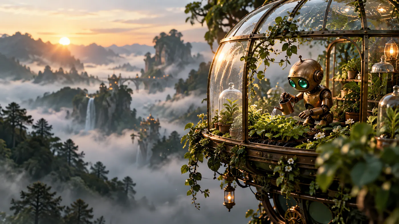A brass robot tending a miniature floating greenhouse