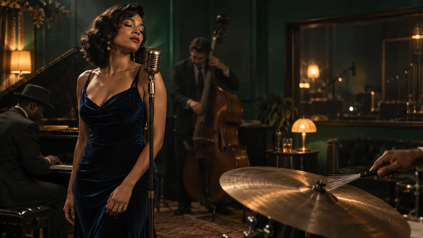 A jazz vocalist and instruments in an intimate recording studio