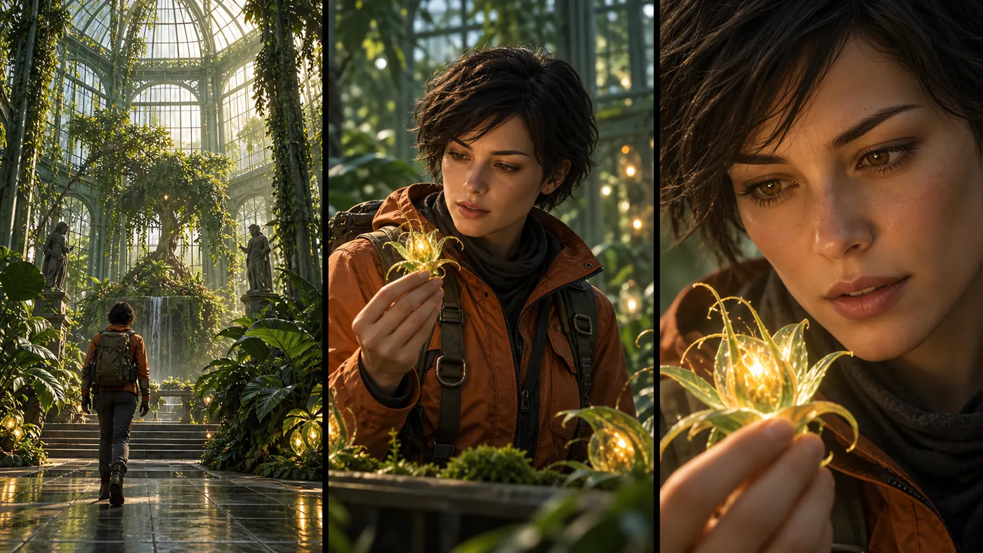Three camera angles following the same explorer through a greenhouse